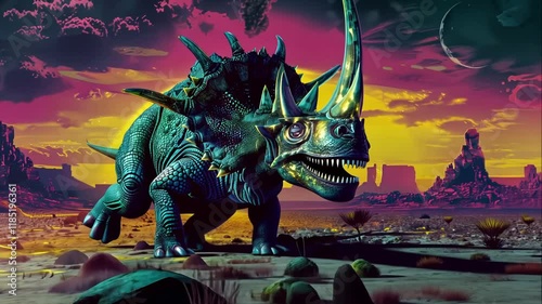 A plated dinosaur walking on a distant land on an alien planet