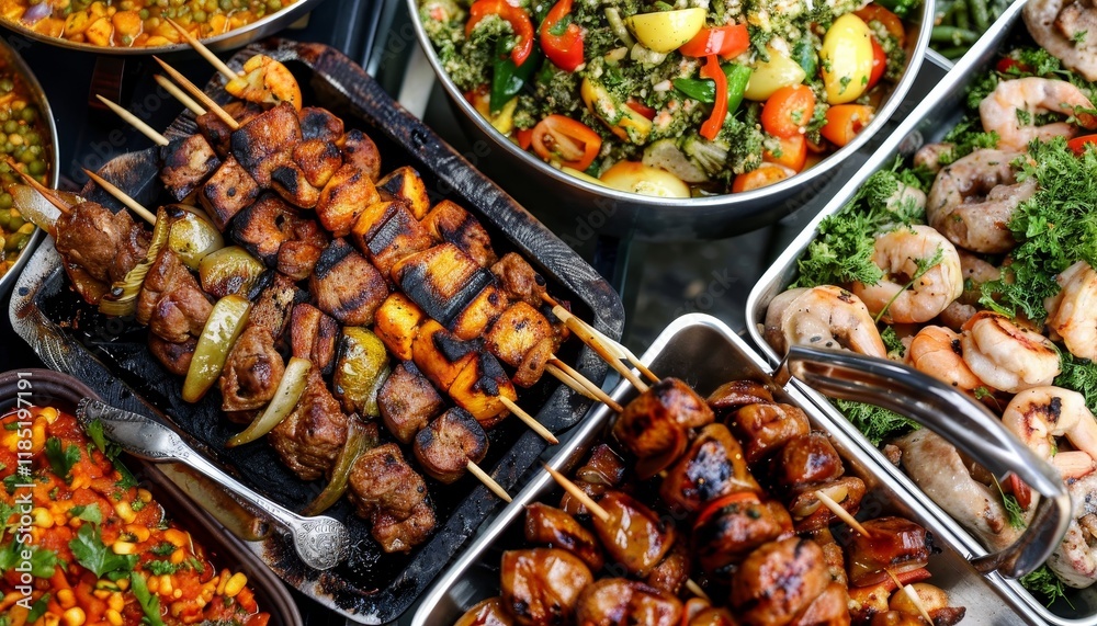 A variety of grilled skewers with meat, vegetables and shrimp, served with colorful side dishes. A variety of grilled skewers with meat, vegetables and shrimp, served with colorful side dishes.
