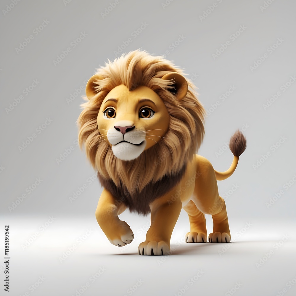 Obraz premium Adorable 3D Render of a Young Lion Cub, Walking Towards the Viewer, Against a Neutral Background.
