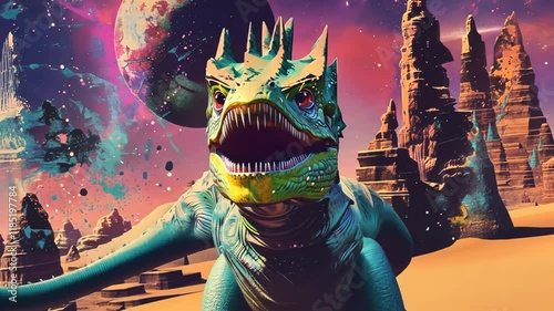 A dragon-type lizard on an alien planet with desert landscape