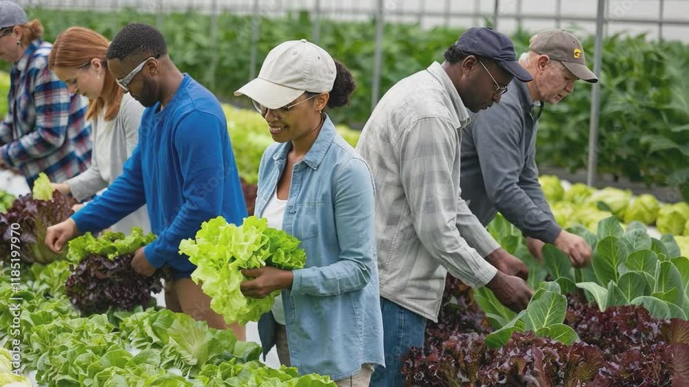 A diverse team of farmers diligently harvests fresh lettuce in a vibrant greenhouse, showcasing teamwork, sustainable agriculture, and the bounty of nature. A diverse team of farmers diligently harvests fresh lettuce in a vibrant greenhouse, showcasing teamwork, sustainable agriculture, and the bounty of nature.