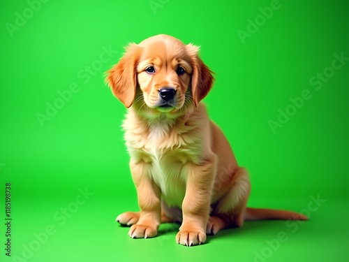 Adorable Golden Retriever Puppy on Green Background photo