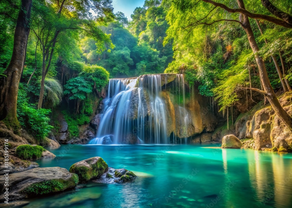 Erawan Waterfall, Kanchanaburi, Thailand: Stunning Landscape View of the Seventh Tier Erawan Waterfall, Kanchanaburi, Thailand: Stunning Landscape View of the Seventh Tier