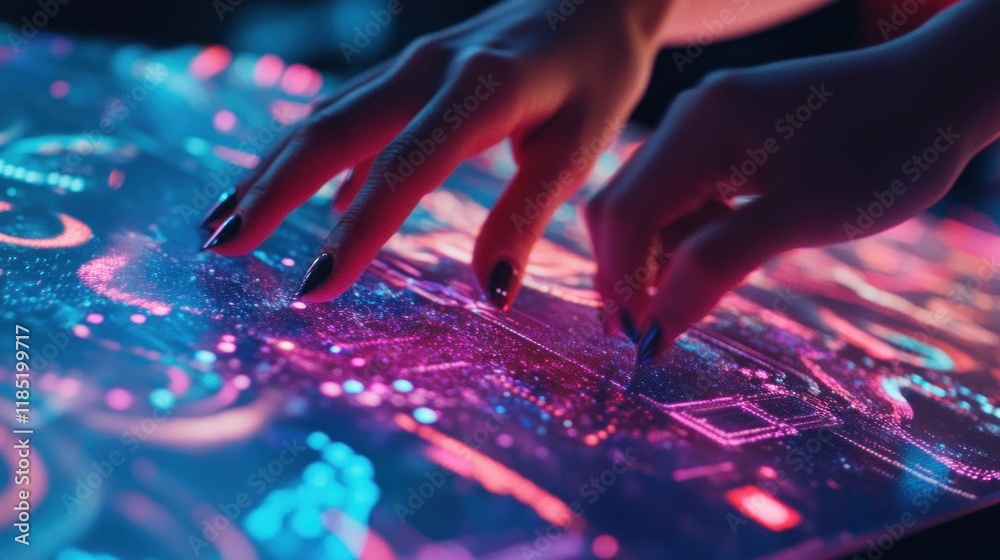 Hands Interact with Futuristic Interface: Exploring a vibrant digital landscape, a person's hands navigate a glowing interface, manipulating data and information with precision and grace. Hands Interact with Futuristic Interface: Exploring a vibrant digital landscape, a person's hands navigate a glowing interface, manipulating data and information with precision and grace.