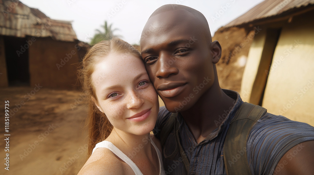 Happy Couple Taking a Selfie in a Rural Village Setting Happy Couple Taking a Selfie in a Rural Village Setting