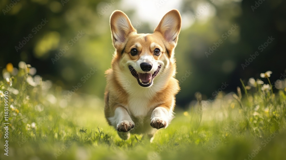 Happy corgi dog running in a field of flowers. Happy corgi dog running in a field of flowers.