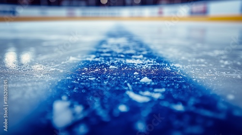 Detailed View of Ice Surface and Blue Line in Hockey Rink photo