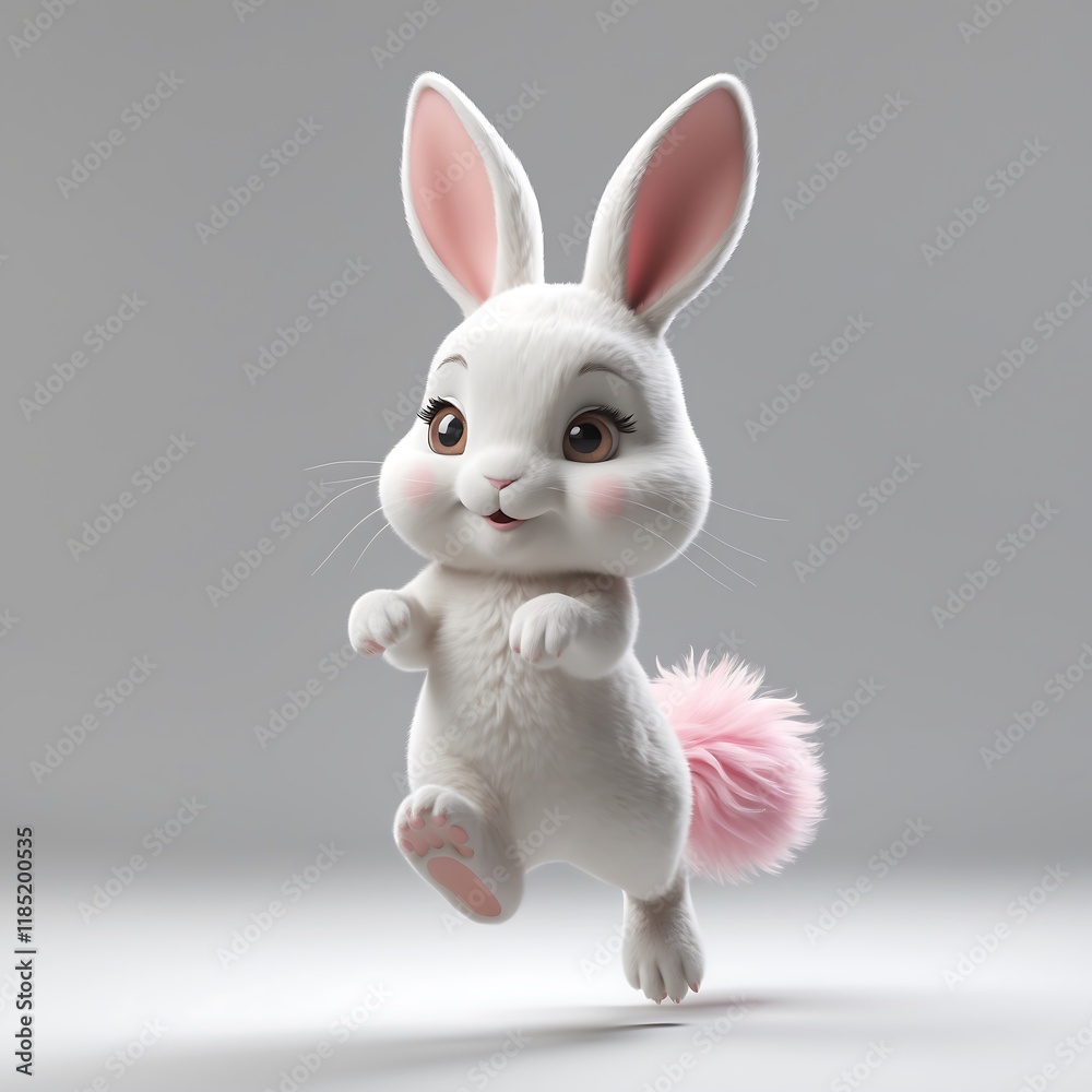 Obraz premium Adorable 3D Render of a Fluffy White Bunny Rabbit with Pink Tail, Joyful Leap