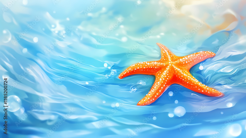 Bright orange starfish on a blue background above water surface. starshade. illustration. Starshade. Illustration Bright orange starfish on a blue background above water surface. starshade. illustration. Starshade. Illustration