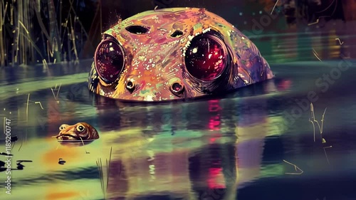 Alien frog creature sitting in a pond on a distant planet's habitat