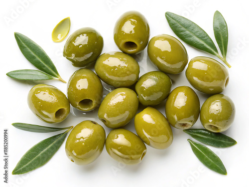 green olives with leaves. food, green, olive, olives, healthy, fruit, vegetarian, vegetable, ingredient, fresh, oil, white, isolated, appetizer, mediterranean, closeup, diet, organic, snack, italian, 