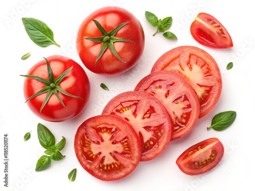 tomato and basil. tomato, food, vegetable, red, fresh, isolated, tomatoes, healthy, white, ripe, vegetarian, green, vegetables, pepper, freshness, fruit, organic, salad, diet, ingredient, plant, cut, 