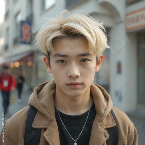 Un joven chino de pelo muy rubio, que mira al frente con expresión resignada photo