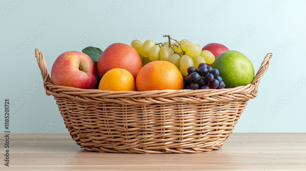 Fresh fruits in wicker basket on neutral background, perfect for summer Fresh fruits in wicker basket on neutral background, perfect for summer