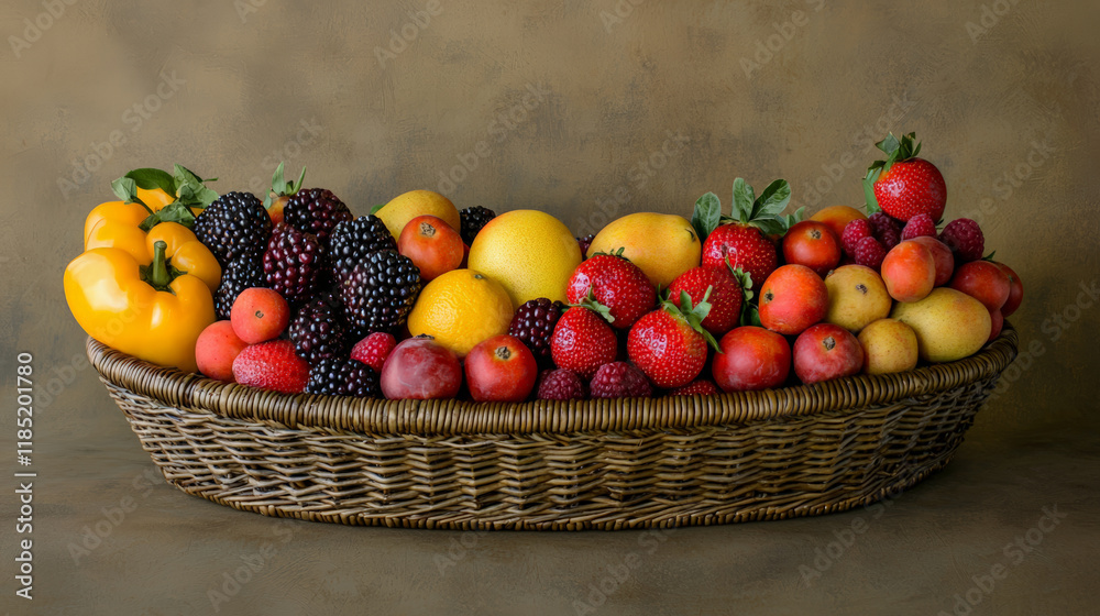 Fresh summer fruits in wicker basket on neutral background Fresh summer fruits in wicker basket on neutral background