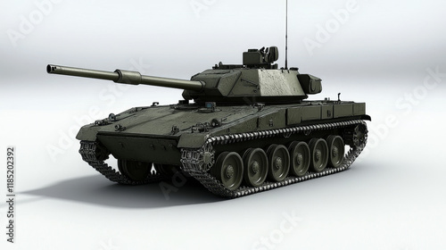 Military tank, camouflaged green, tracked vehicle, powerful cannon.