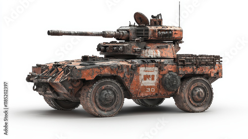Rusty, battle-worn armored vehicle; weathered paint, large wheels, powerful cannon.