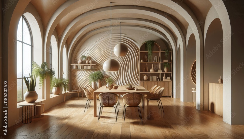 Minimalist interior design, curved archways, soft beige tones, circular wooden dining table, built-in shelving, organic shapes, natural light, warm ambiance, terracotta floor tiles, Mediterranean-insp Minimalist interior design, curved archways, soft beige tones, circular wooden dining table, built-in shelving, organic shapes, natural light, warm ambiance, terracotta floor tiles, Mediterranean-insp