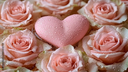 Close-up of a single heart surrounded by floating roses, isolated on a soft background. photo