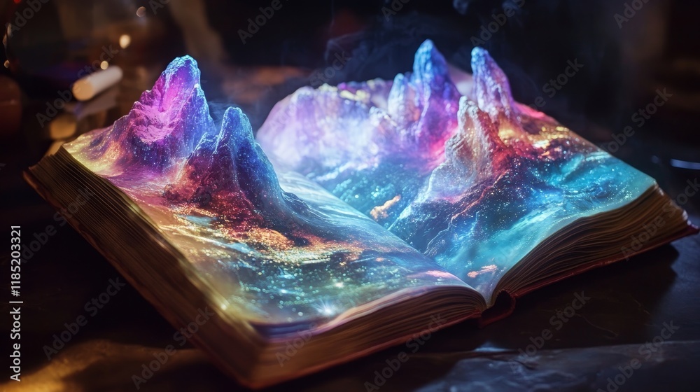 Obraz premium A holographic book with pages that unfold into immersive learning environments, showcasing infinite educational possibilities