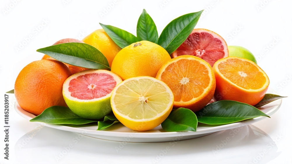 Fresh Citrus Fruits on White Plate with Greenery - Vibrant & Juicy Stock Photo Fresh Citrus Fruits on White Plate with Greenery - Vibrant & Juicy Stock Photo