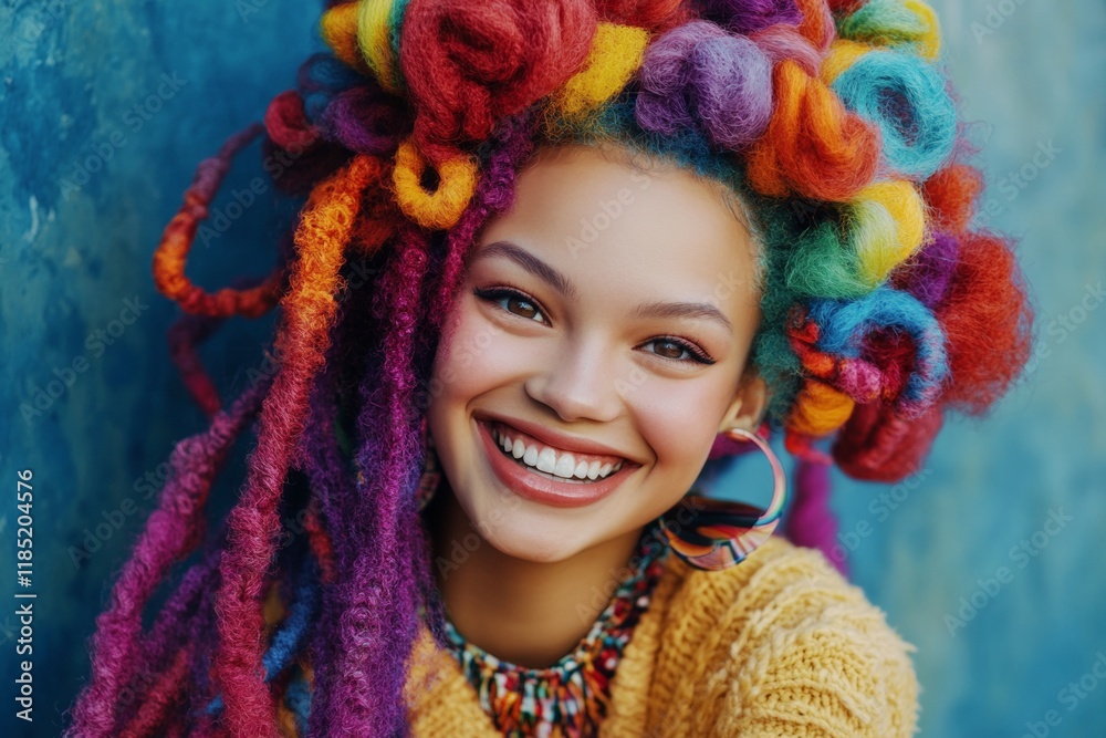 Commercial ad conceptual art. Long trim - multicolored hair. Gorgeous smiling black girl - for ads, marketing material and digital marketing use. Afro-american beauty advertising concepts. Commercial ad conceptual art. Long trim - multicolored hair. Gorgeous smiling black girl - for ads, marketing material and digital marketing use. Afro-american beauty advertising concepts.