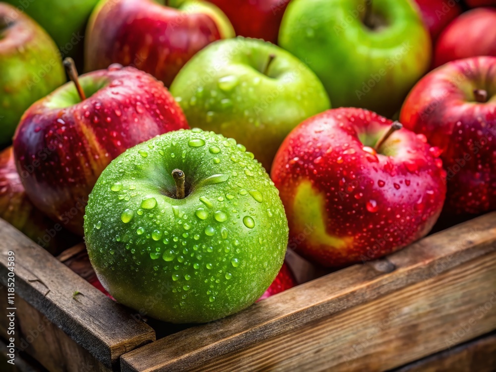 Fresh Green & Red Apples in Wooden Crate - Farmer's Market Produce Fresh Green & Red Apples in Wooden Crate - Farmer's Market Produce