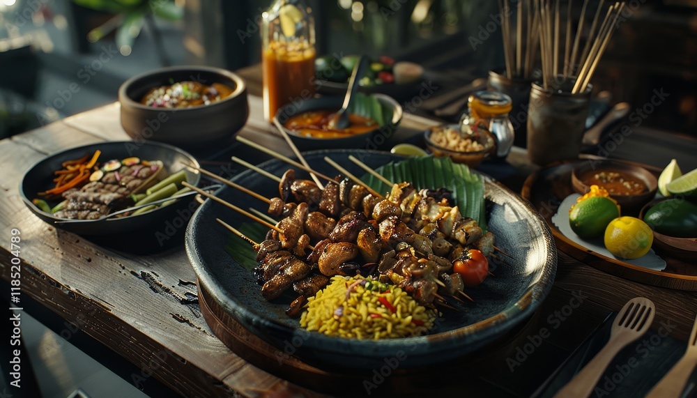 A table setting with grilled meat and vegetables, rice, and various sauces and dips, creating a mouthwatering spread for a meal. A table setting with grilled meat and vegetables, rice, and various sauces and dips, creating a mouthwatering spread for a meal.