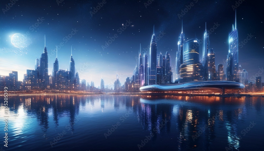 Obraz premium 水上に輝く未来的都市の夜景背景