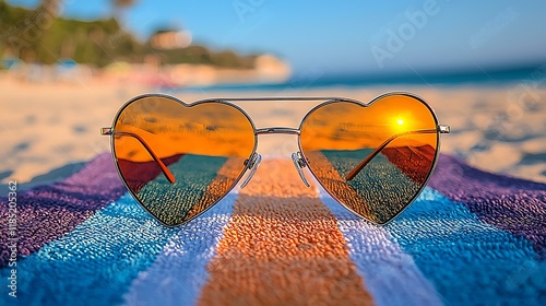 Pair of heart-shaped sunglasses lying on a beach towel in flat style.