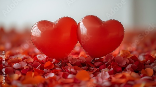 Red heart balloons floating above a bed of soft rose petals, isolated on white.