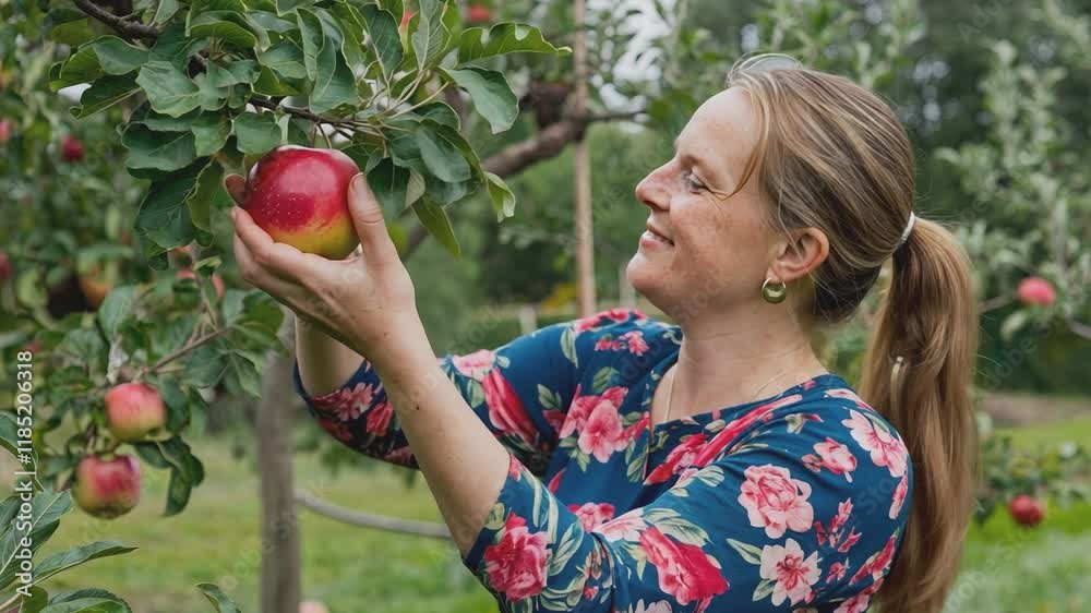 A woman gently picks a ripe, red apple from a tree in a flourishing orchard, embodying the peace and abundance of nature's bounty. A woman gently picks a ripe, red apple from a tree in a flourishing orchard, embodying the peace and abundance of nature's bounty.