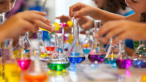 Close up of hands conducting colorful science experiment with beakers