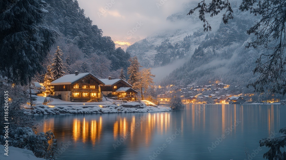 Fototapeta premium Illuminated houses on snowy lake at sunset, reflecting lights in calm water, surrounded by snow-covered mountains and trees.