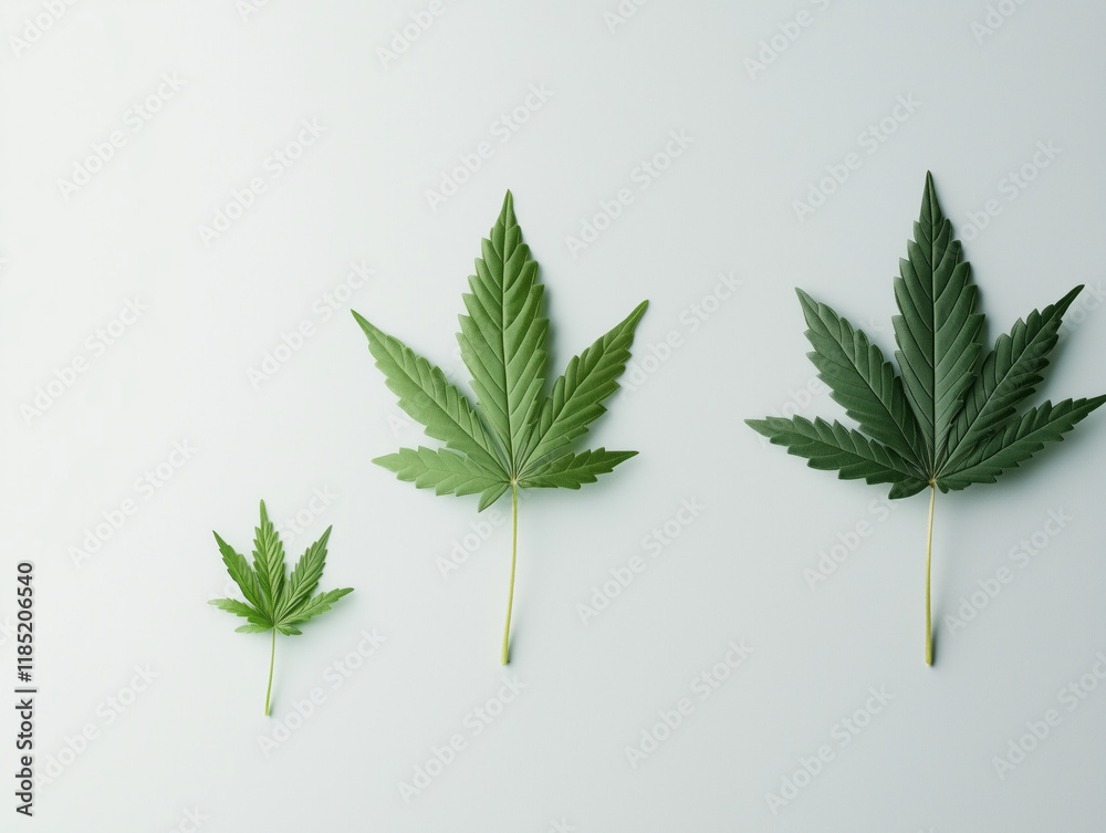 Three Distinct Cannabis Leaves of Different Sizes Display Their Unique Shapes and Textures Against a Clean White Background. Three Distinct Cannabis Leaves of Different Sizes Display Their Unique Shapes and Textures Against a Clean White Background.