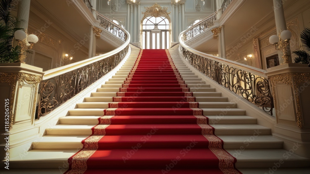 Obraz premium Grand staircase with red carpet, ornate railings, and elegant architecture.