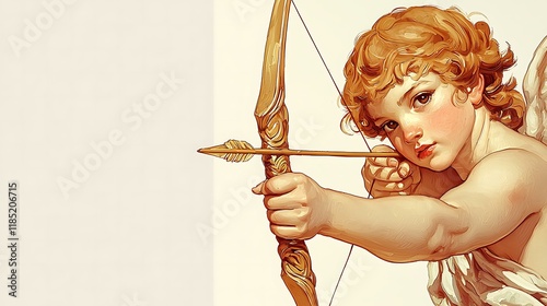 Cartoon cupid holding a golden bow with heart-shaped arrows, isolated on a light pink background.