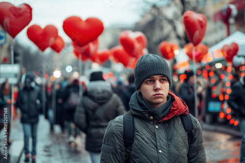 Sad Single Man Feeling Heartbroken on Valentine's Day Walking in a Romantic Street Filled with Loving Couples