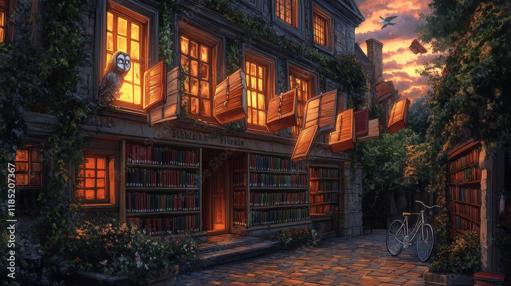 Fototapeta premium Enchanting Evening Bookstore with Floating Books and Warm Lights in Cozy Vintage Alley Surrounded by Lush Greenery and Cobblestone Path at Sunset