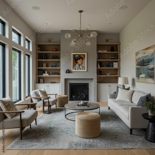 Living room interior, modern coastal design, symmetrical layout, built-in bookshelves, fireplace, large windows, neutral color palette, circular coffee table, pendant light fixture, area rug, artwork,