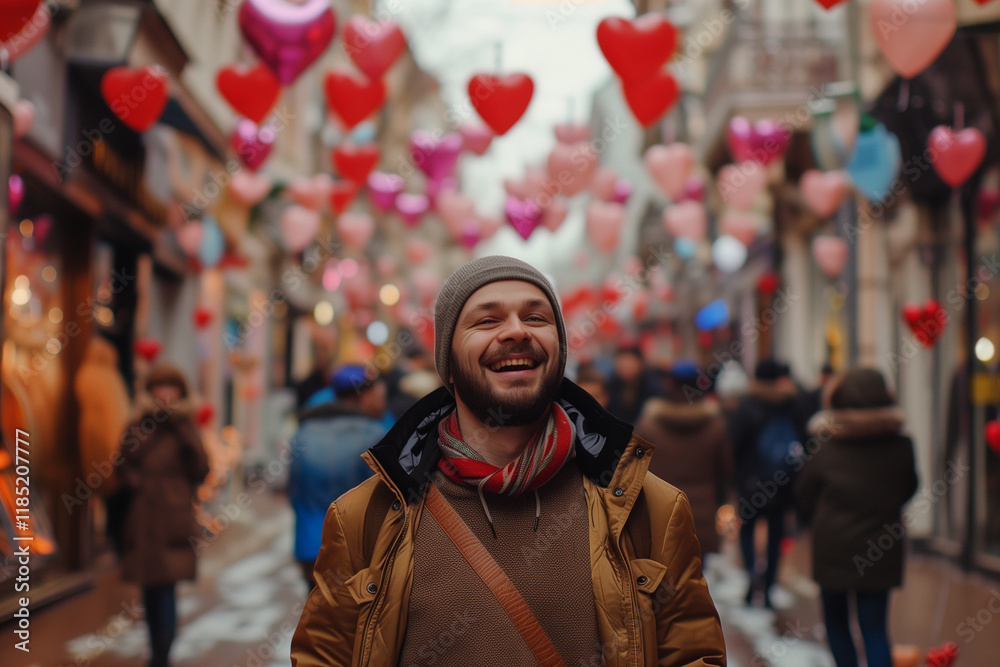 Fototapeta premium Happy Single Man Proudly Walking Down a Romantic Street on Singles Day Surrounded by Valentine's Decorations