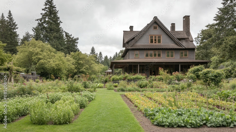 A large house surrounded by a lush garden and vegetable beds under a cloudy sky. A large house surrounded by a lush garden and vegetable beds under a cloudy sky.