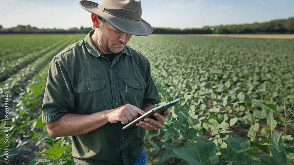 A farmer using a tablet in his field A farmer using a tablet in his field