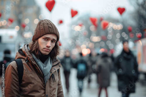 Sad Single Man Walking Through Romantic Streets Full of Couples on Singles Day Feeling Lonely and Jealous
