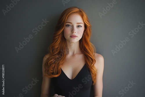 Beautiful redhead with fair skin looking at camera, gray background
