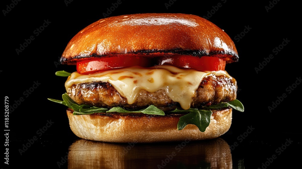 A vibrant close-up of a turkey burger with melted gouda, fresh tomatoes, and a zesty aioli on a toasted brioche bun