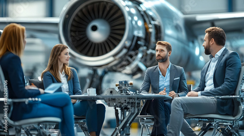 Business team meeting in aircraft hangar.