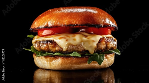 Obraz na płótnie A vibrant close-up of a turkey burger with melted gouda, fresh tomatoes, and a zesty aioli on a toasted brioche bun w salonie