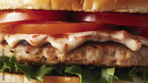 A vibrant close-up of a turkey burger with melted gouda, fresh tomatoes, and a zesty aioli on a toasted brioche bun