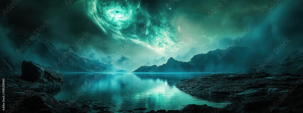 Naklejka premium An exceptional view of a remote celestial lake on an alien planet with bioluminescent algae and a swirling nebula overhead, Celestial lake scene, Bioluminescent algae style